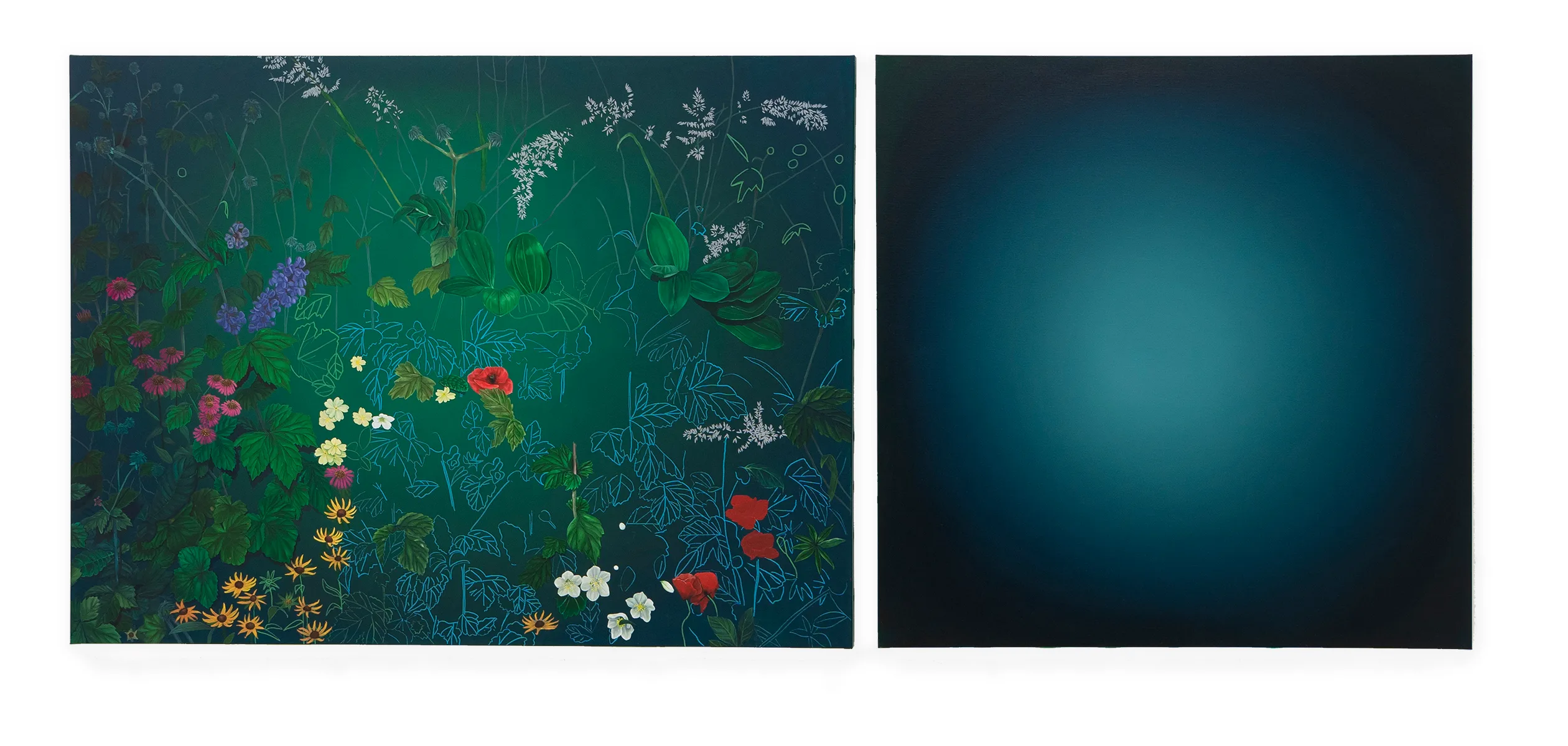 When a poppy and a winter rose bloom together (diptych), 2021, oil on canvas, 120 x 280 cm